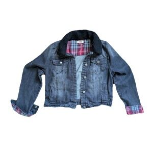 Vtg L.E.I Sherpa Collar Denim Jean Jacket Plaid Flannel Y2K Grunge Large